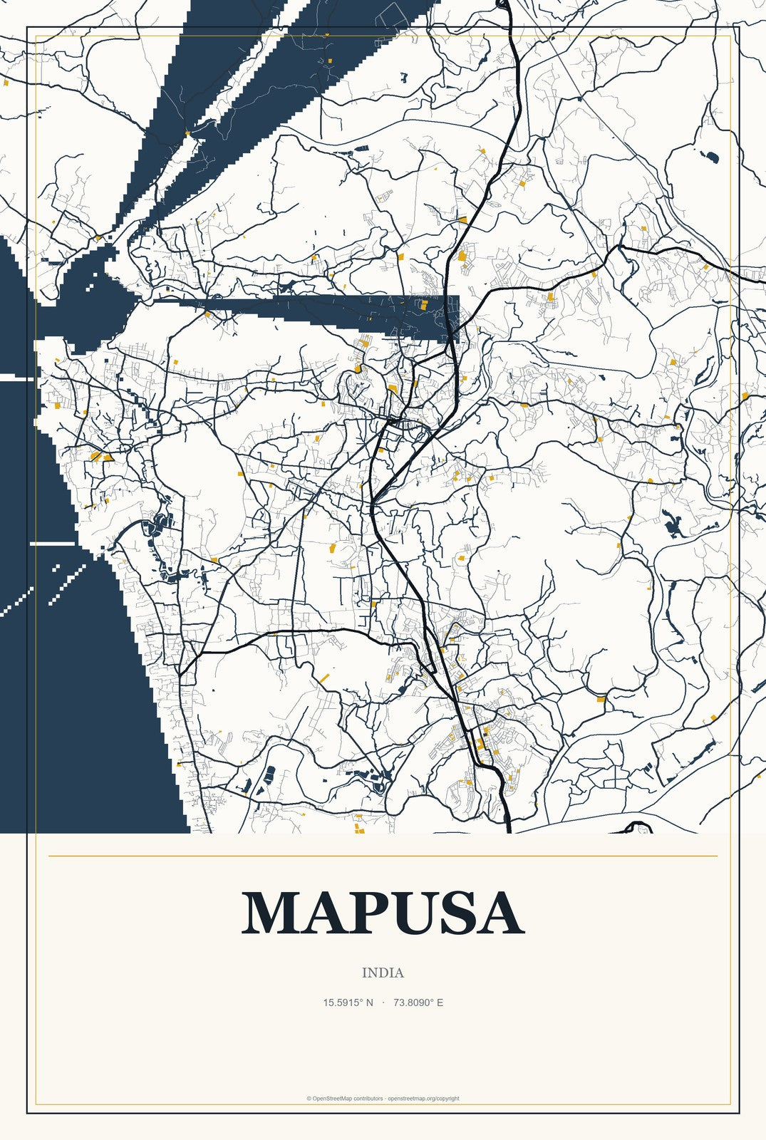 Mapusa, India City Map Aluminum Sign in Citrine Modern style