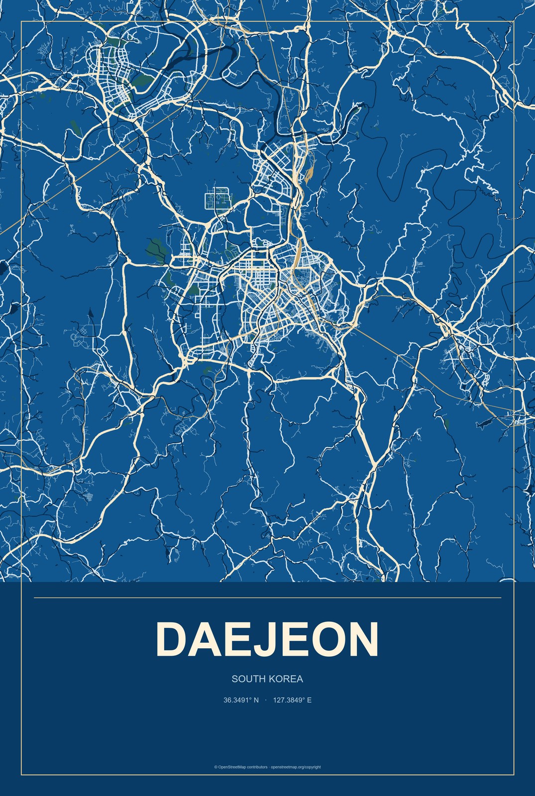 Daejeon, South Korea City Map Aluminum Sign in Harbor Cobalt style