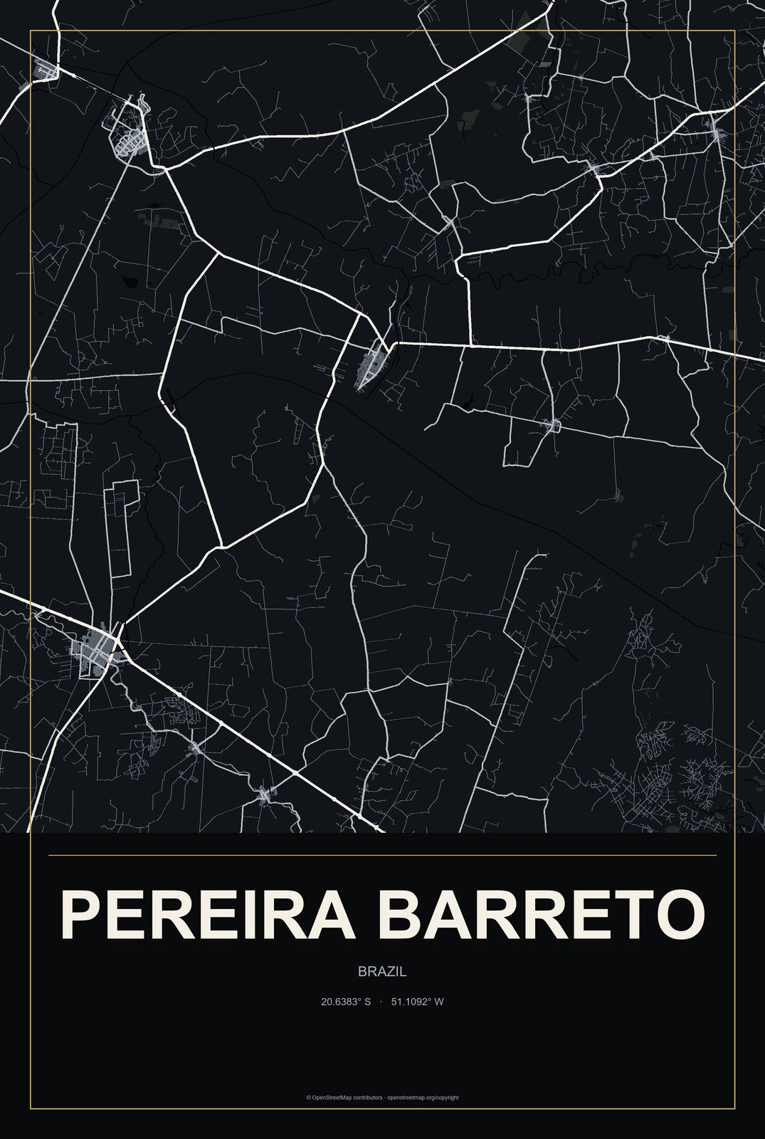Pereira Barreto, Brazil City Map Aluminum Sign in Metropolitan Noir style
