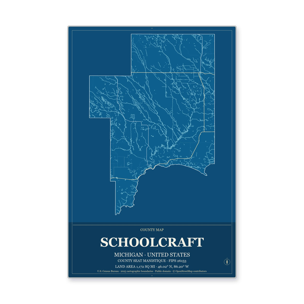 Schoolcraft County, Michigan Map Aluminum Sign in Harbor Cobalt style