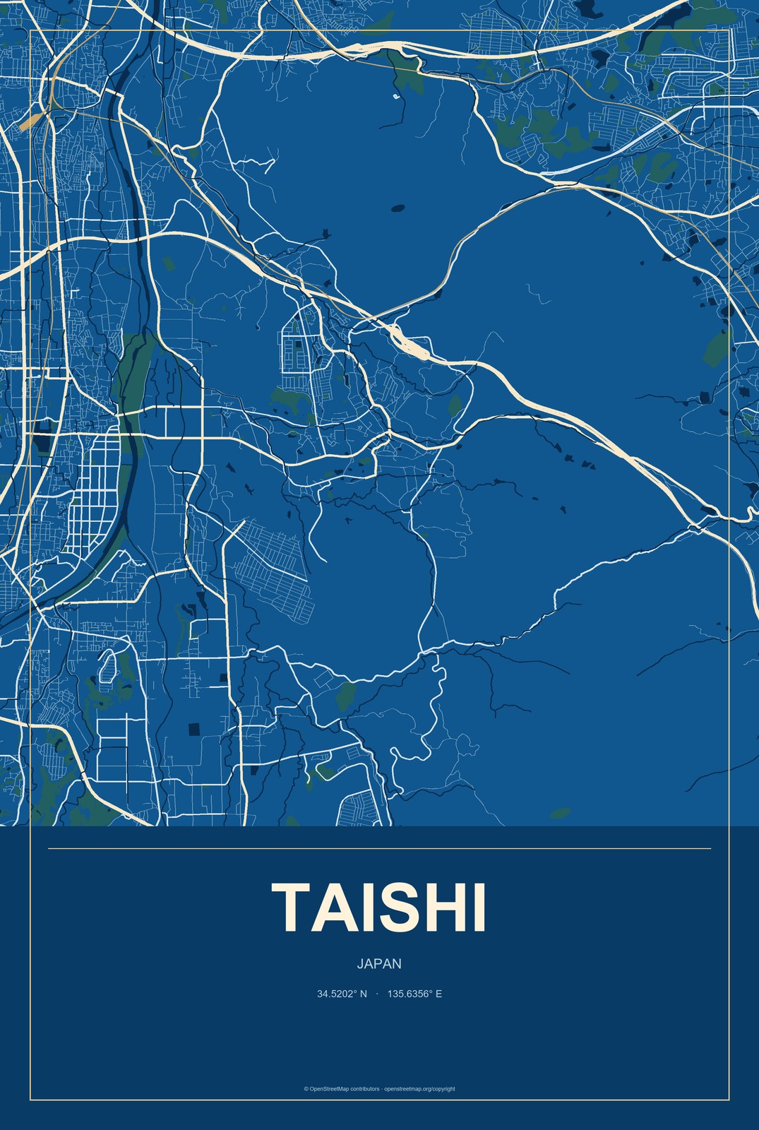 Taishi, Japan City Map Aluminum Sign in Harbor Cobalt style