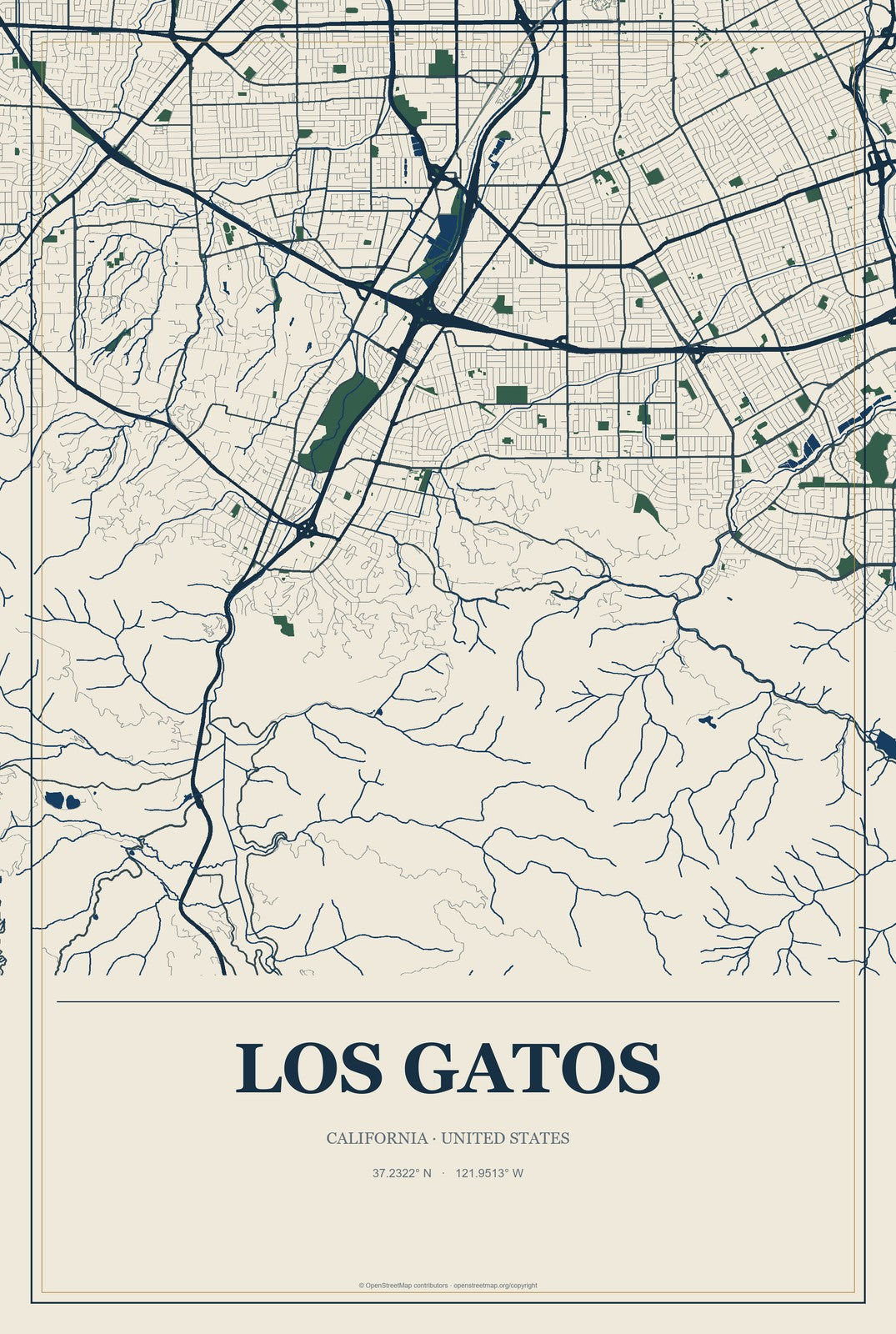 Los Gatos, California City Map Aluminum Sign in Coastal Cutout style