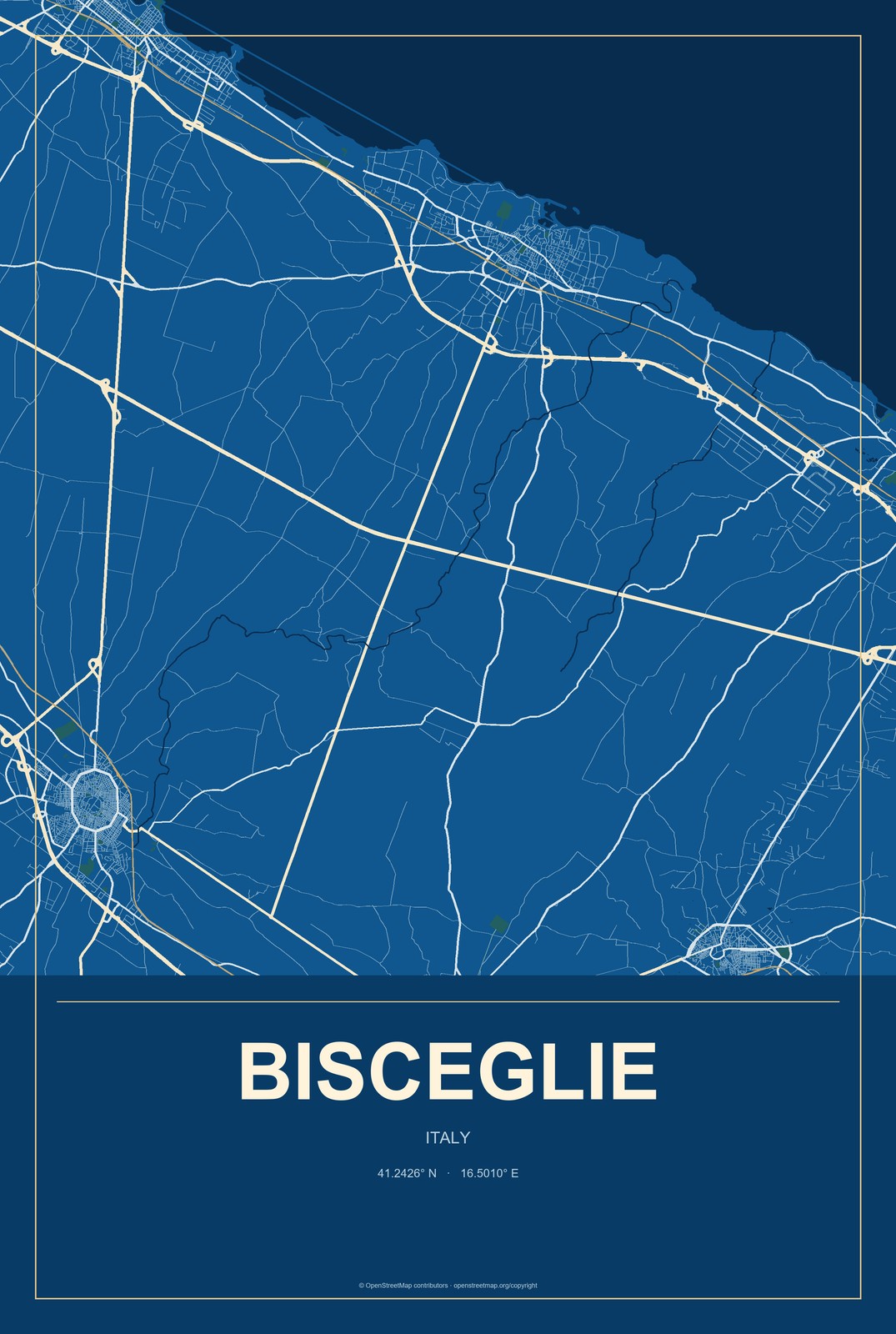 Bisceglie, Italy City Map Aluminum Sign in Harbor Cobalt style