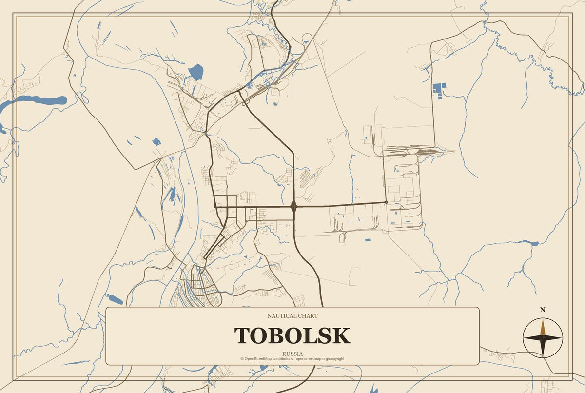 Tobolsk, Russia City Map Aluminum Sign in Heritage Nautical style