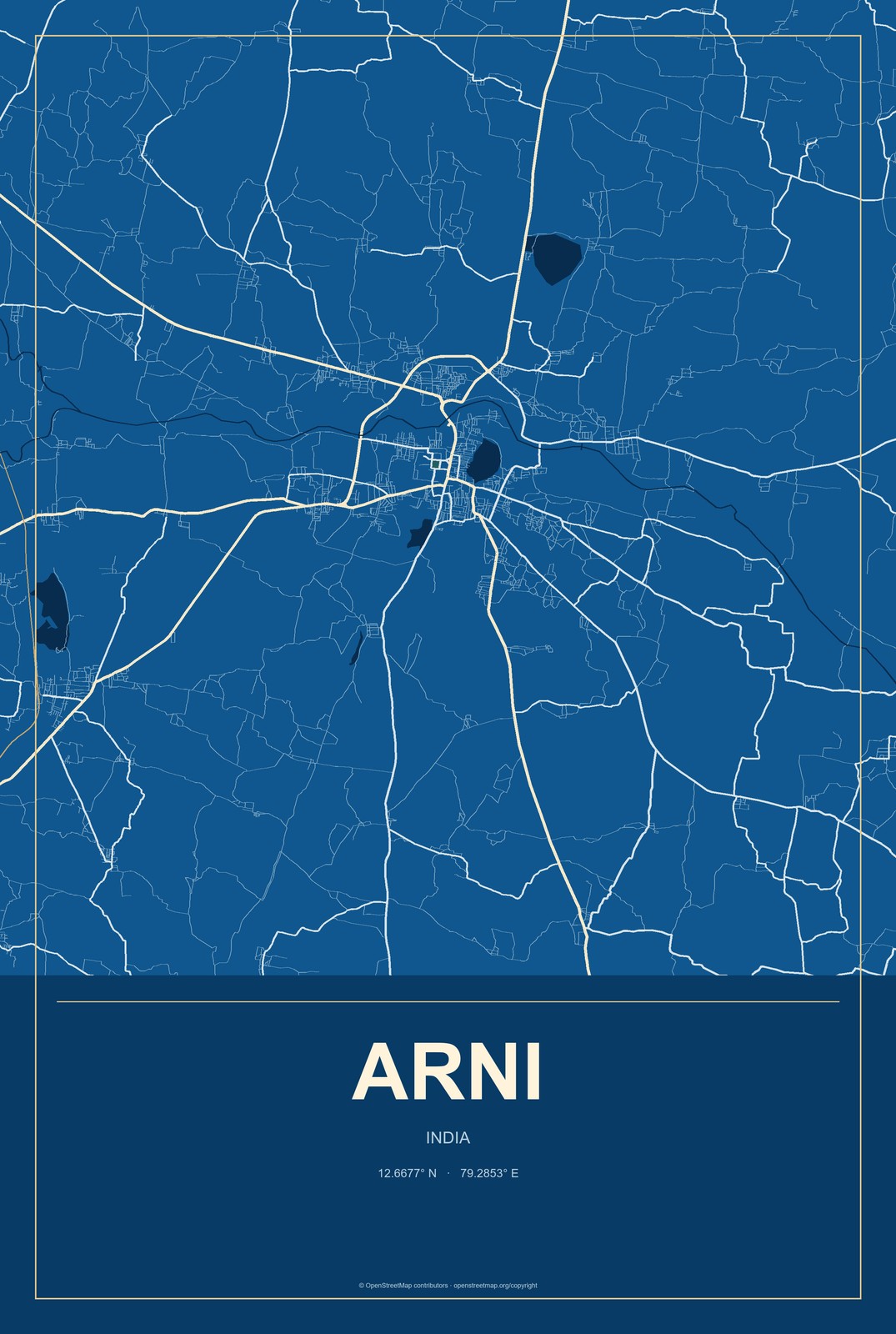 Arni, India City Map Aluminum Sign in Harbor Cobalt style