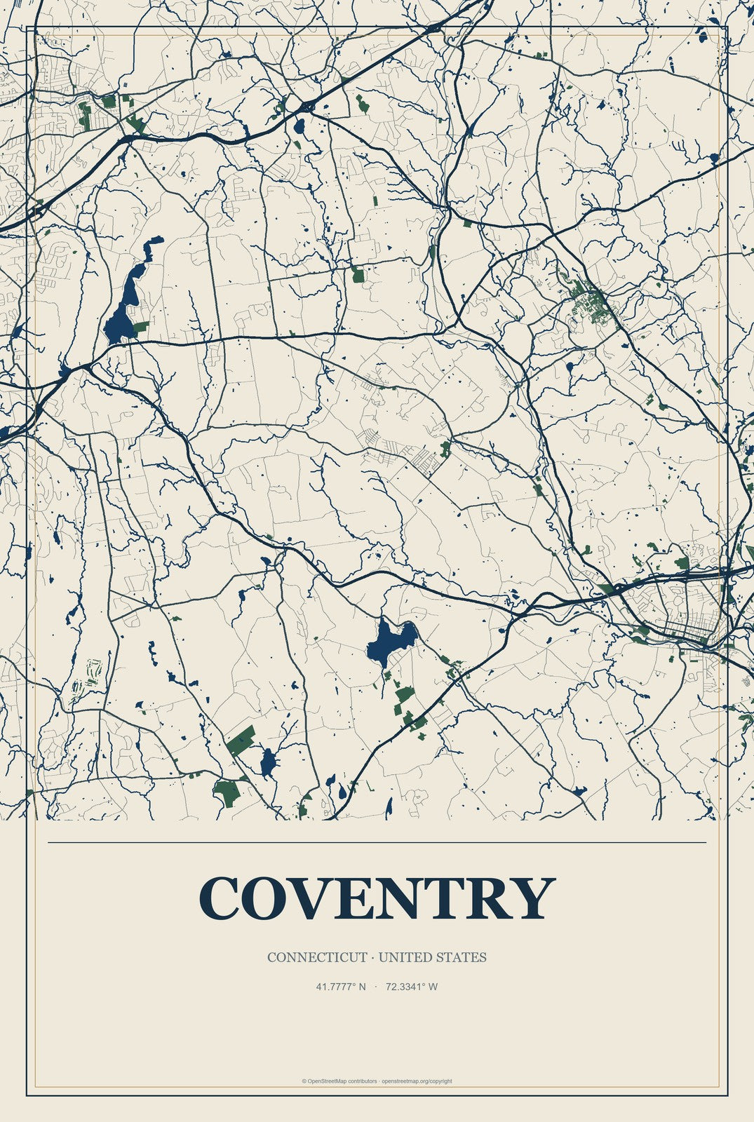 Coventry, Connecticut City Map Aluminum Sign in Coastal Cutout style
