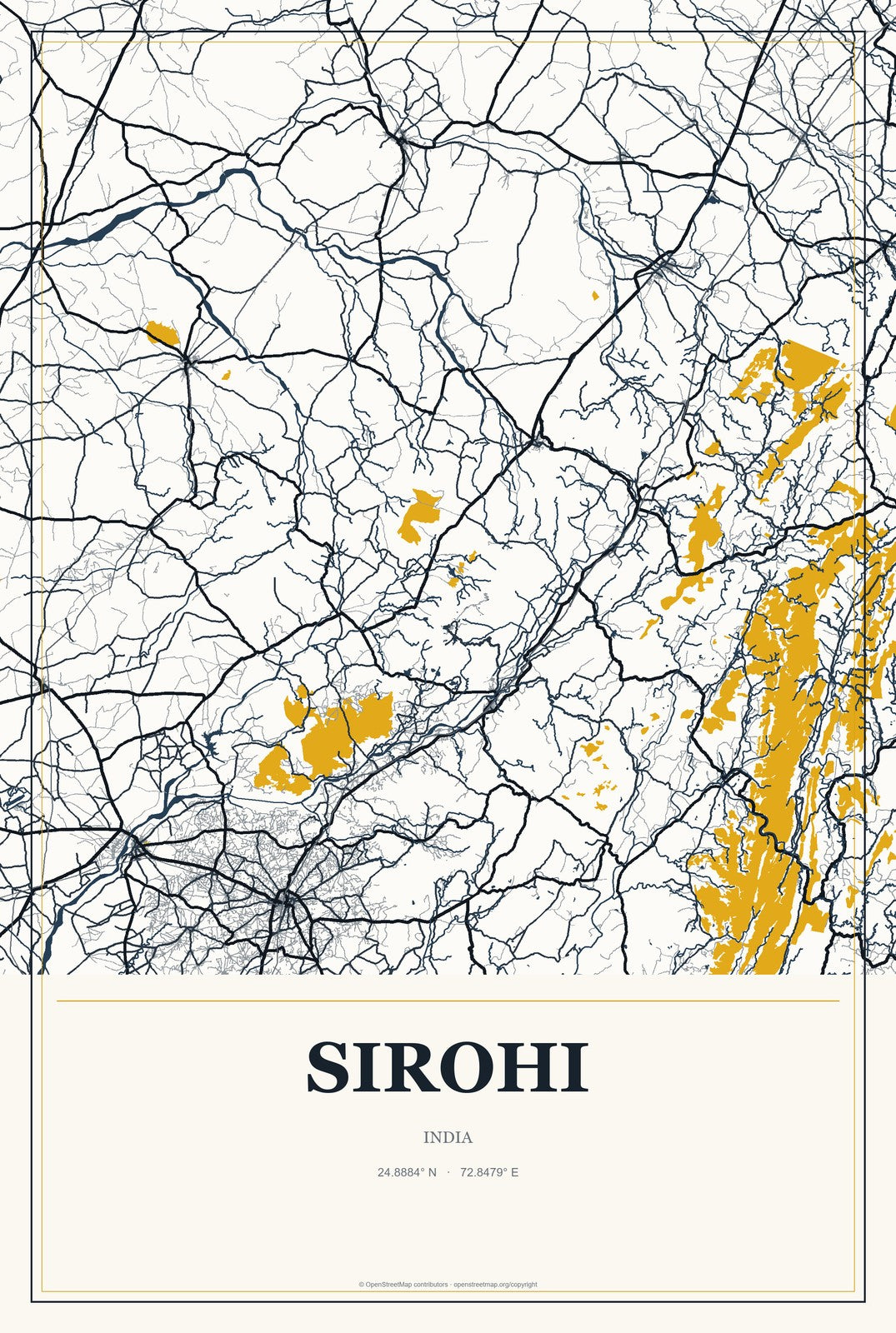 Sirohi, India City Map Aluminum Sign in Citrine Modern style
