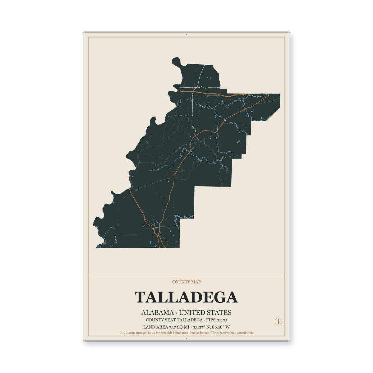 Talladega County, Alabama Map Aluminum Sign in Headline Atlas style