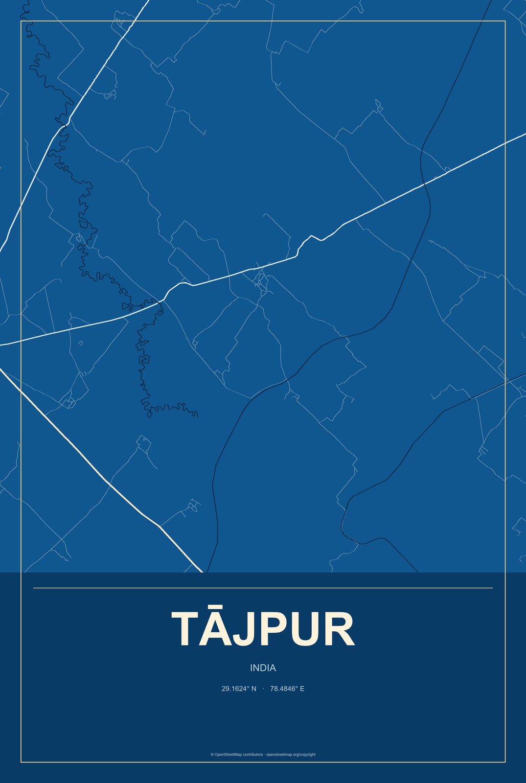Tājpur, India City Map Aluminum Sign in Harbor Cobalt style