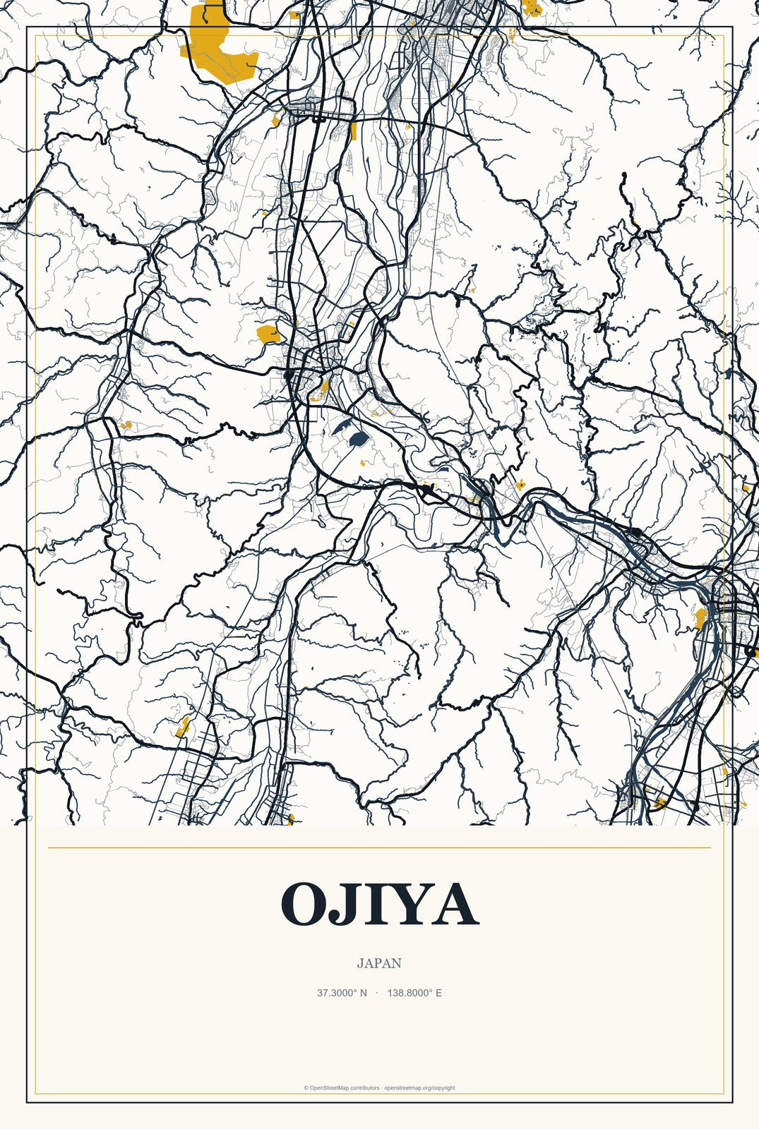 Ojiya, Japan City Map Aluminum Sign in Citrine Modern style