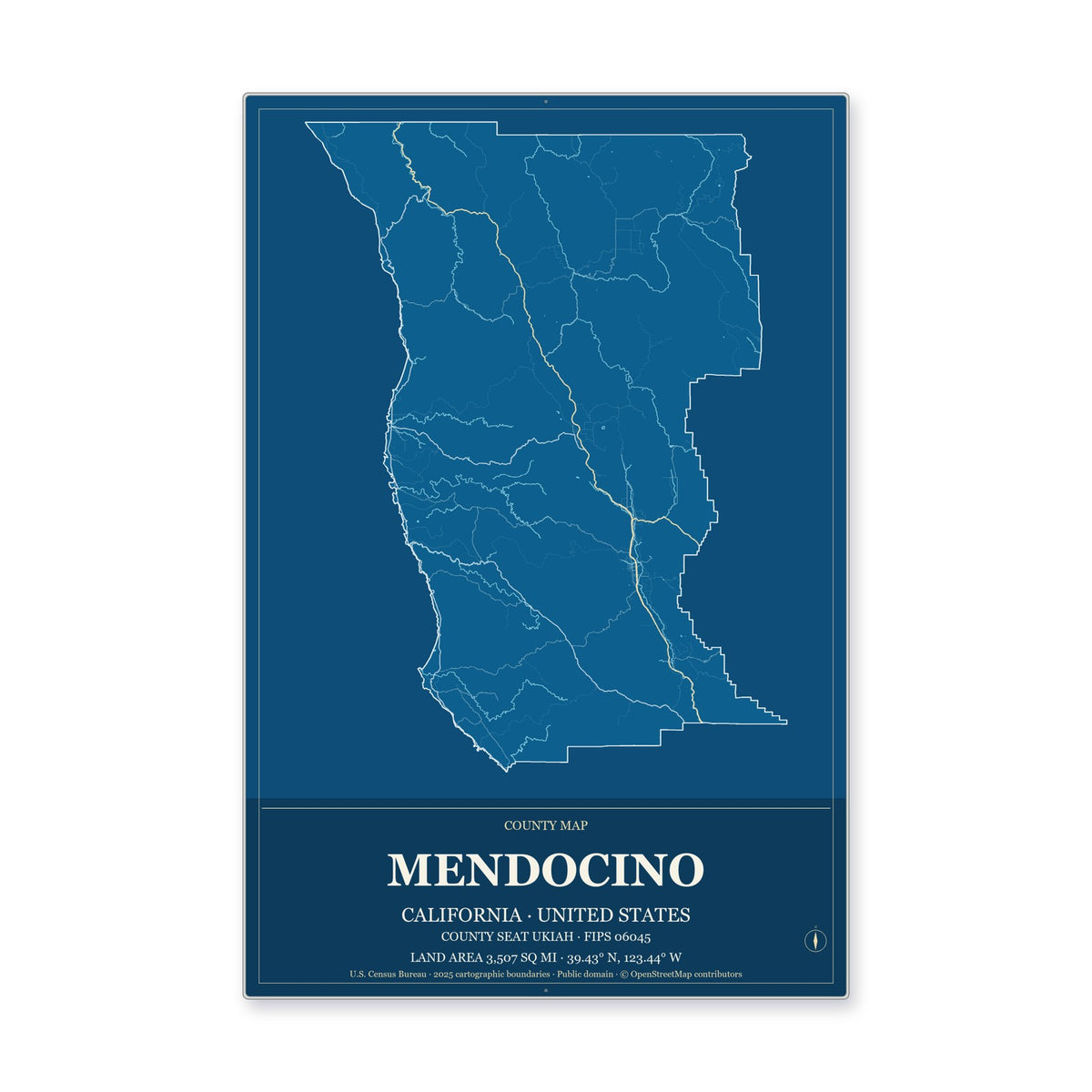 Mendocino County, California Map Aluminum Sign in Harbor Cobalt style