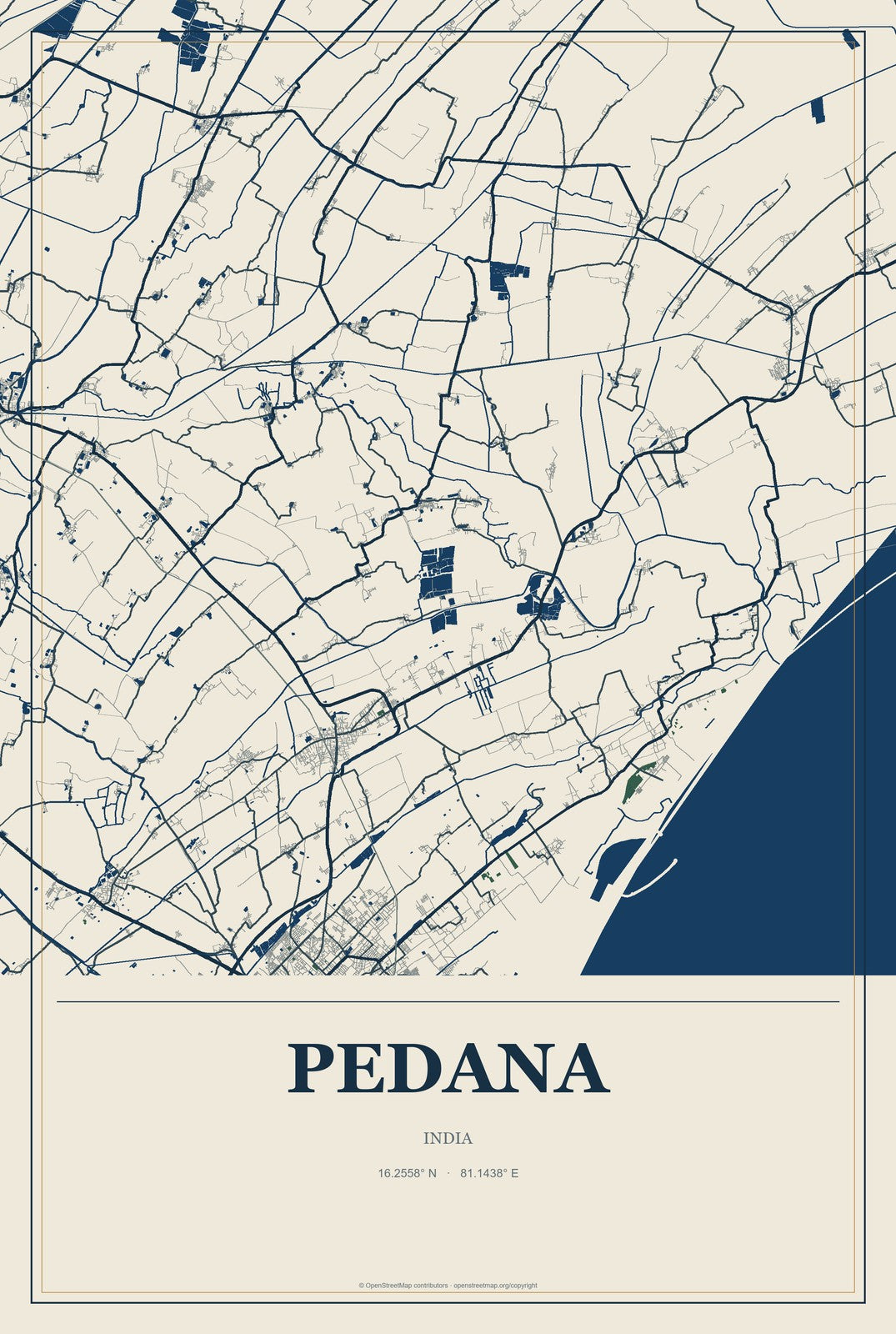Pedana, India City Map Aluminum Sign in Coastal Cutout style