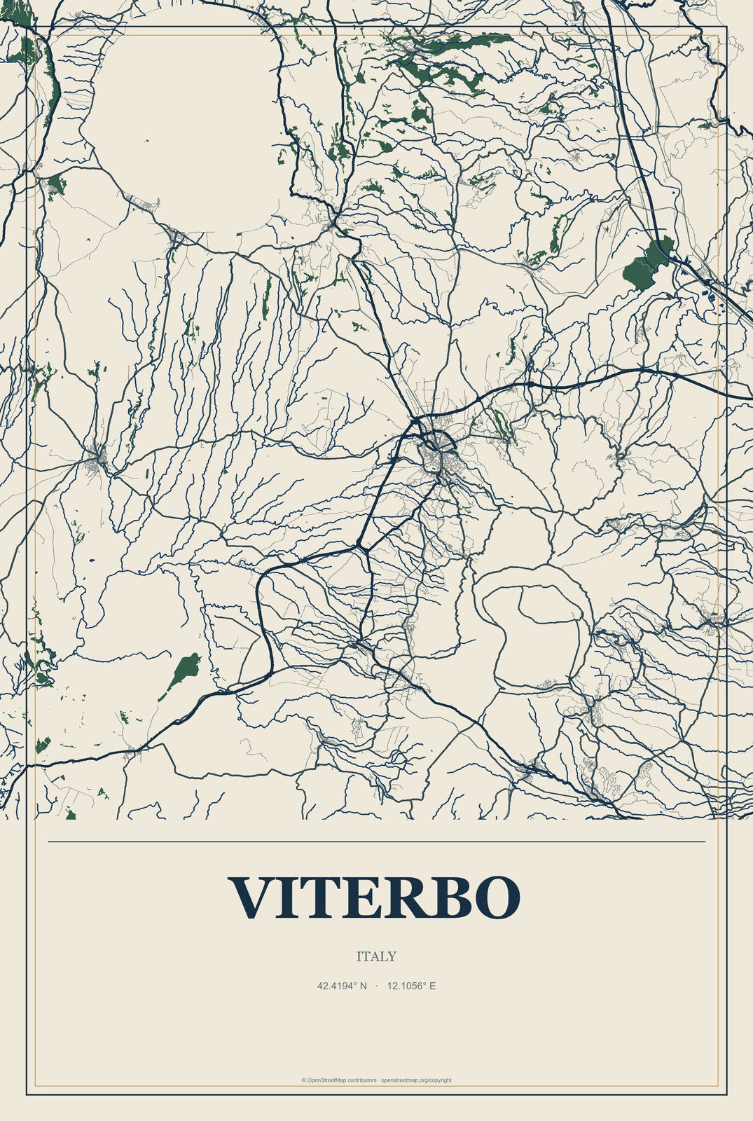Viterbo, Italy City Map Aluminum Sign in Coastal Cutout style