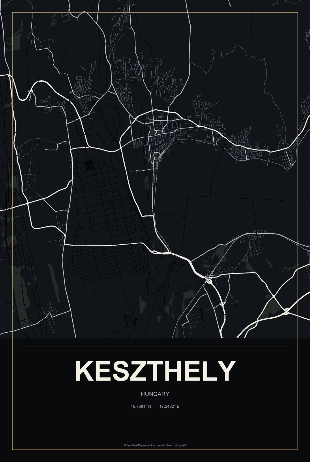 Keszthely, Hungary City Map Aluminum Sign in Metropolitan Noir style