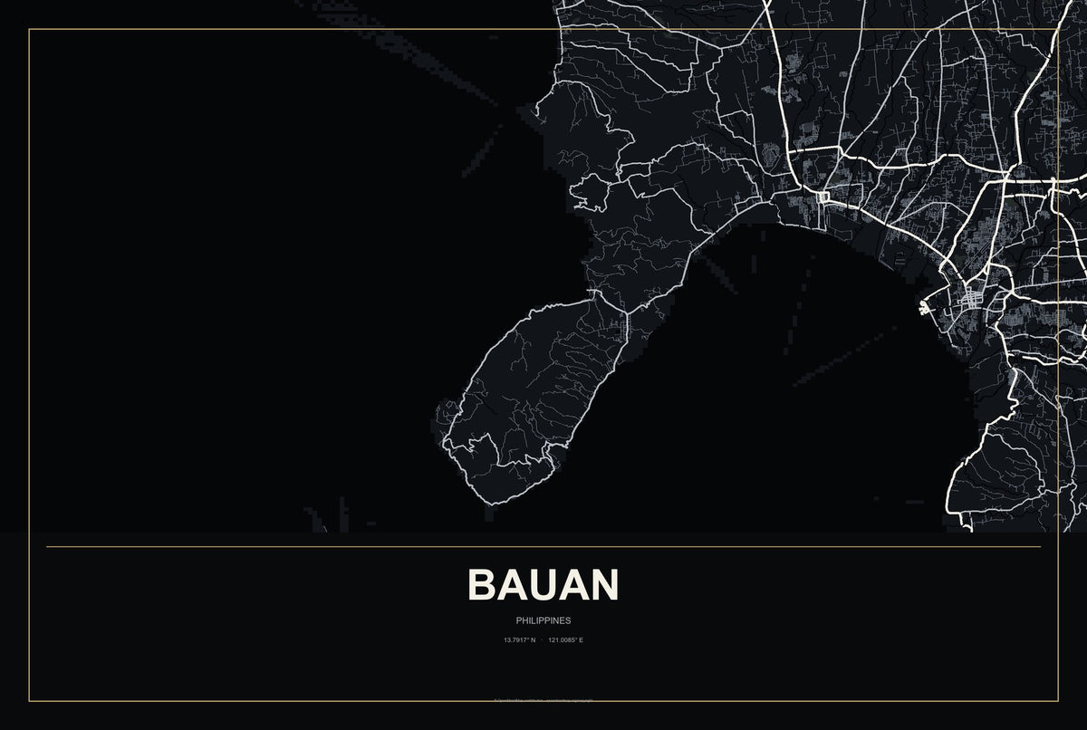 Bauan, Philippines City Map Aluminum Sign in Metropolitan Noir style