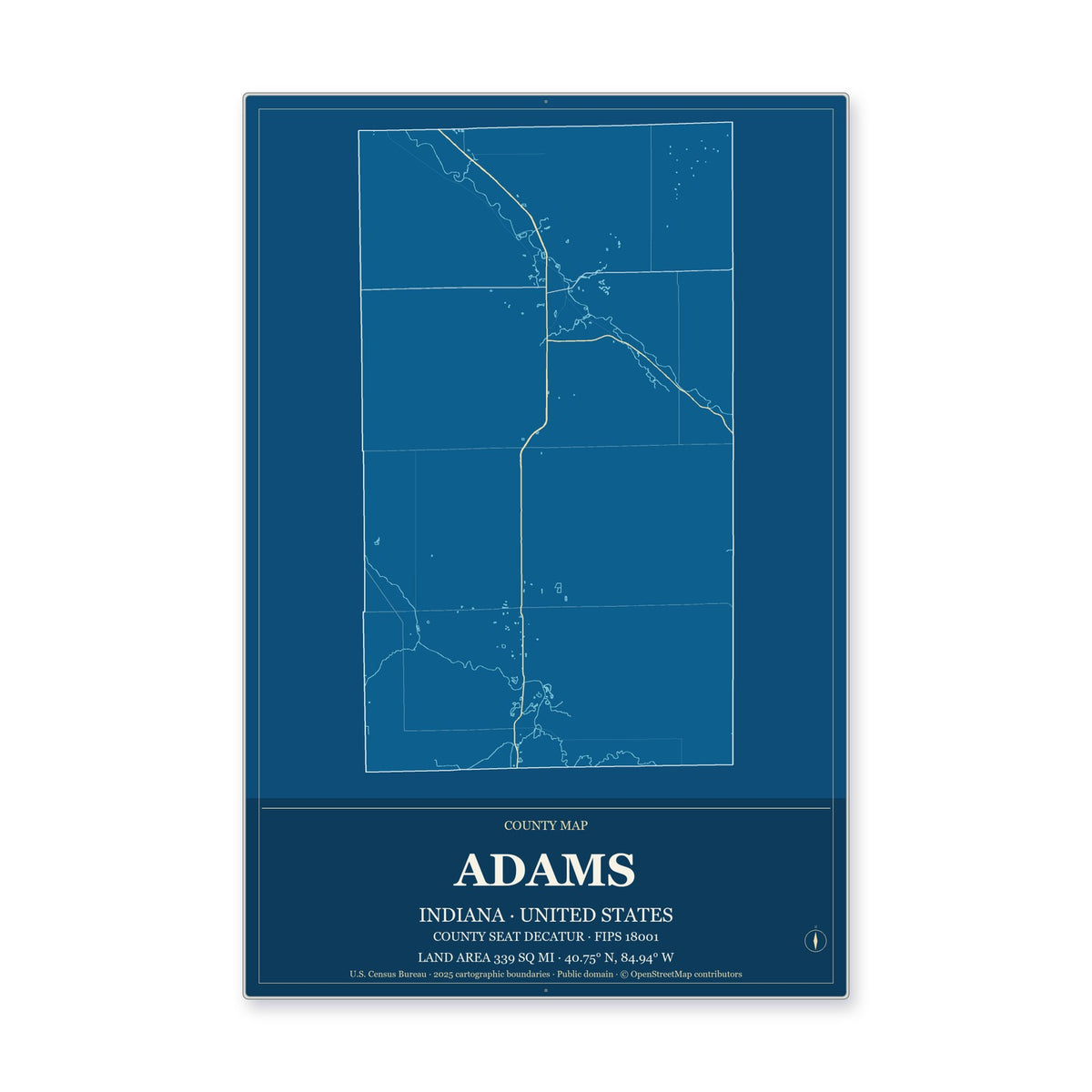 Adams County, Indiana Map Aluminum Sign in Harbor Cobalt style