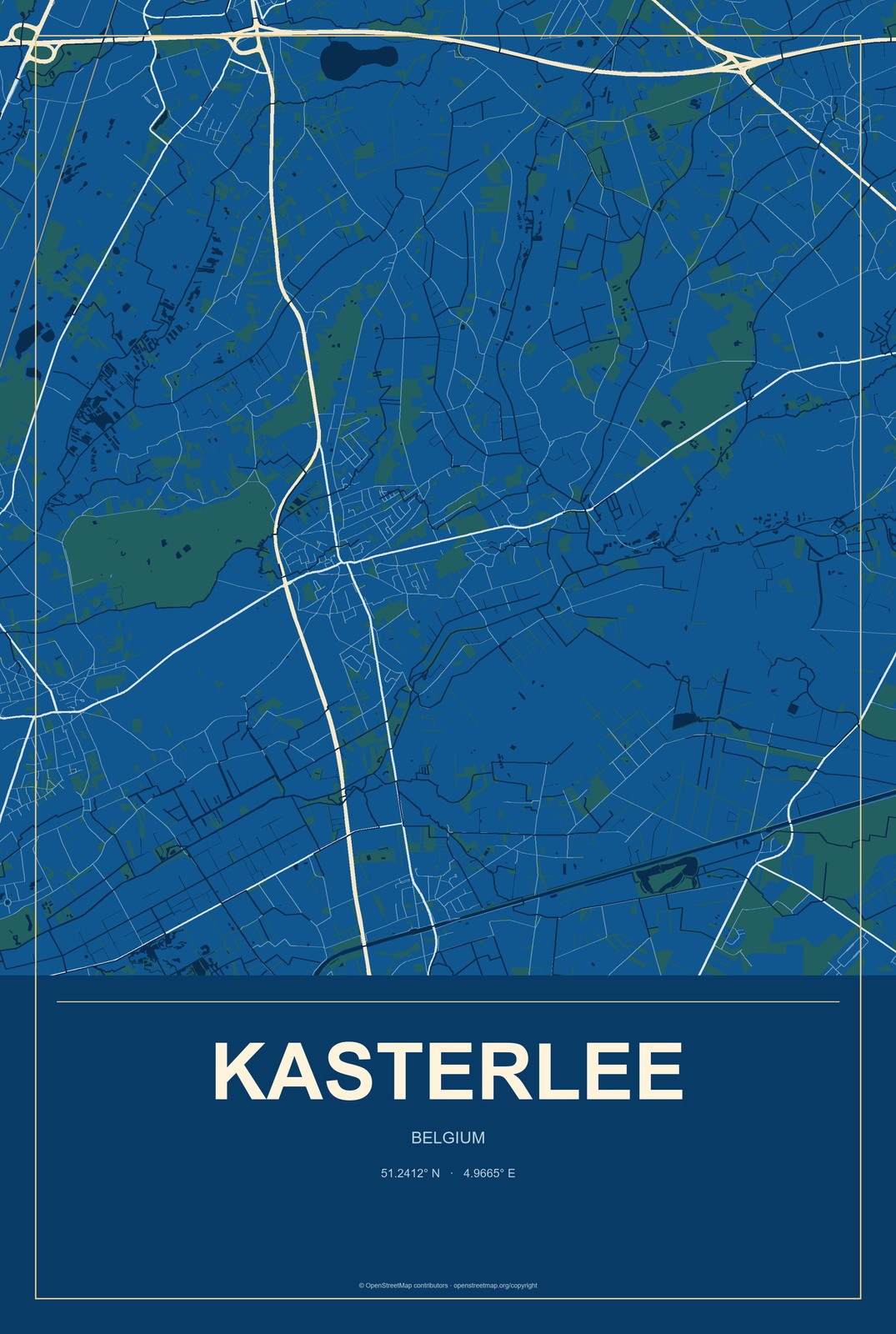 Kasterlee, Belgium City Map Aluminum Sign in Harbor Cobalt style