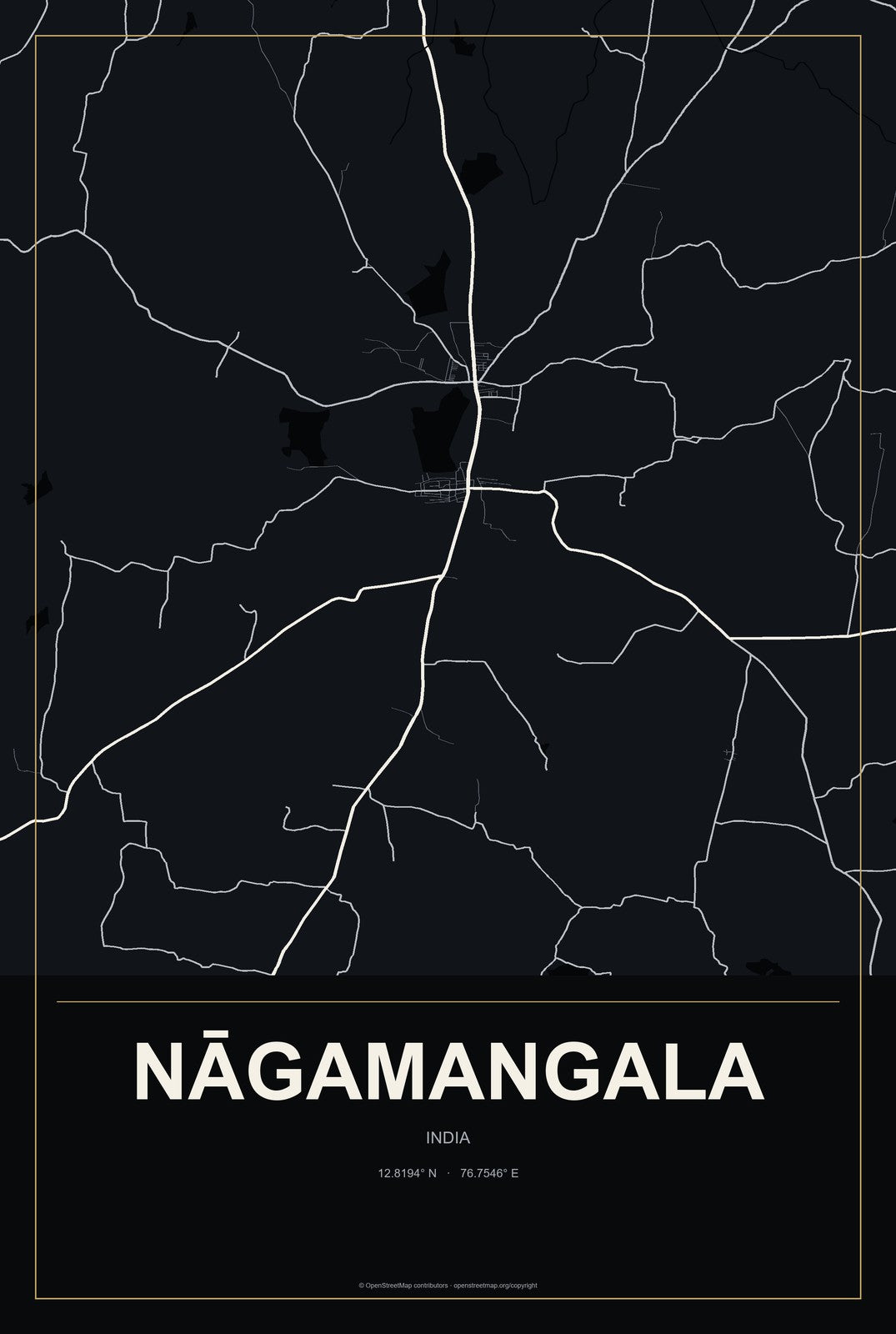 Nāgamangala, India City Map Aluminum Sign in Metropolitan Noir style