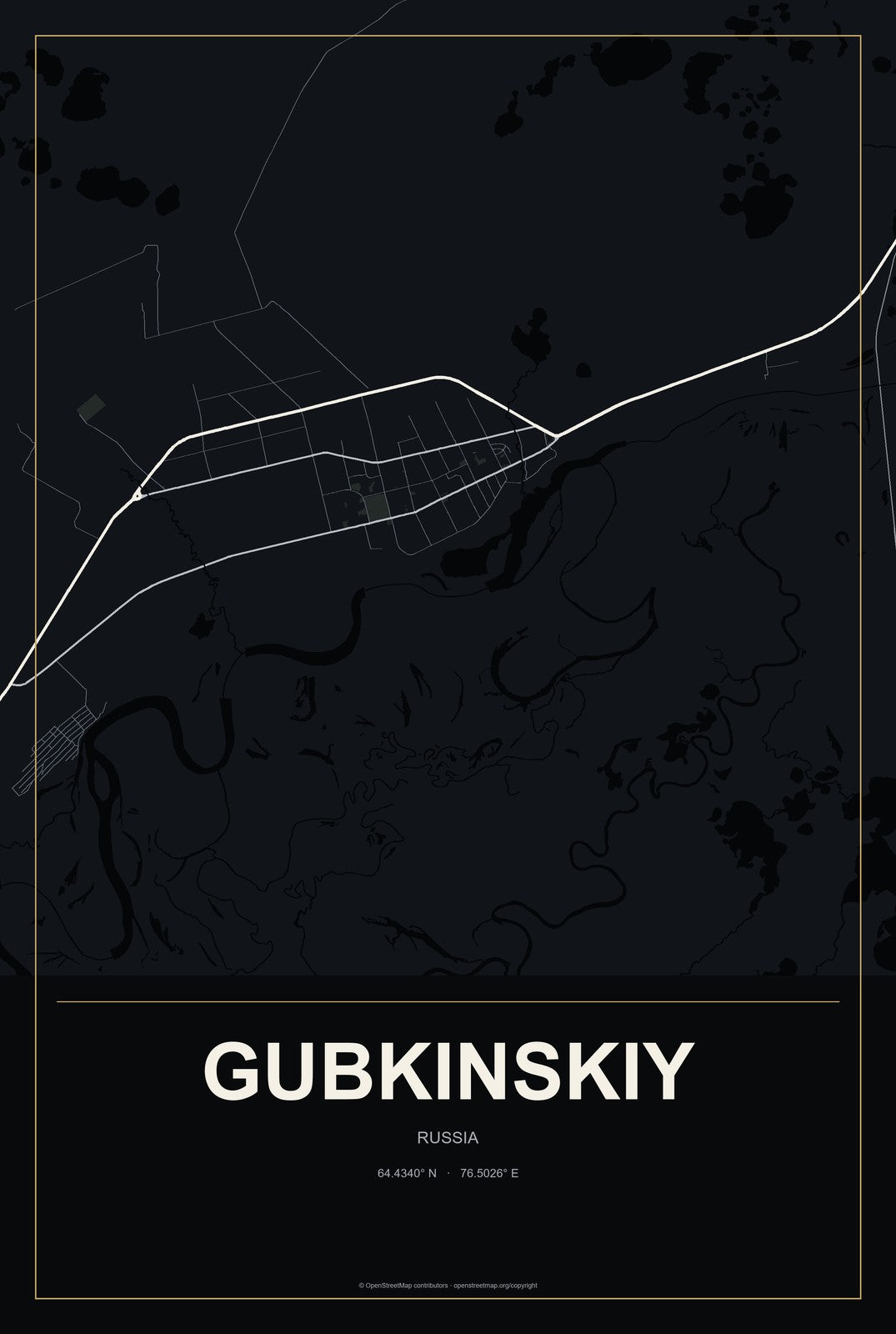 Gubkinskiy, Russia City Map Aluminum Sign in Metropolitan Noir style
