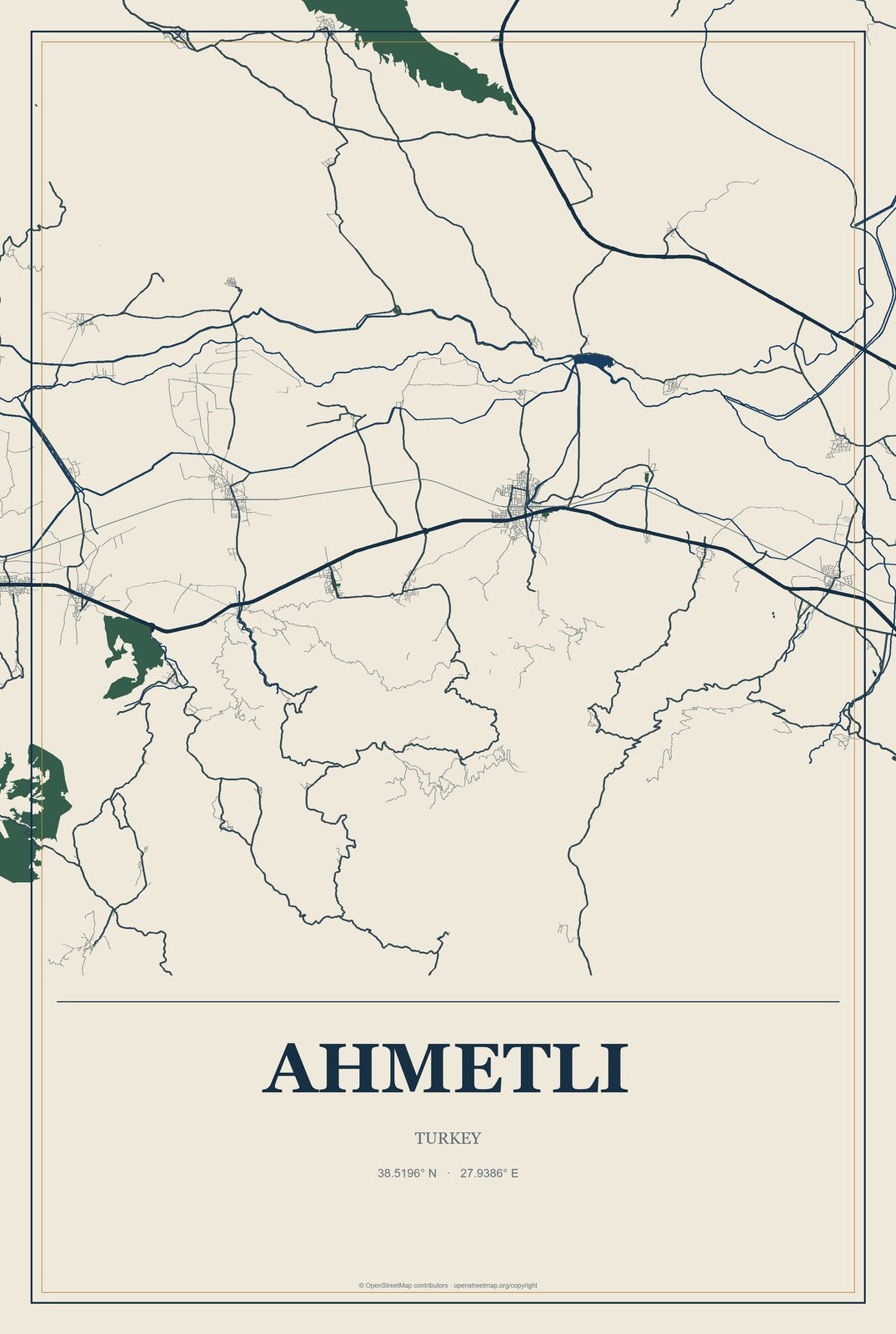 Ahmetli, Turkey City Map Aluminum Sign in Coastal Cutout style