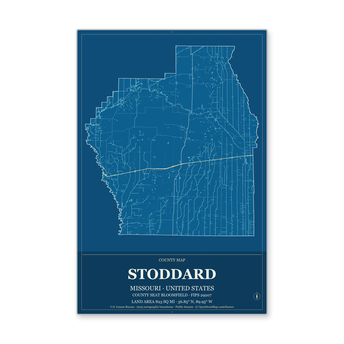 Stoddard County, Missouri Map Aluminum Sign in Harbor Cobalt style