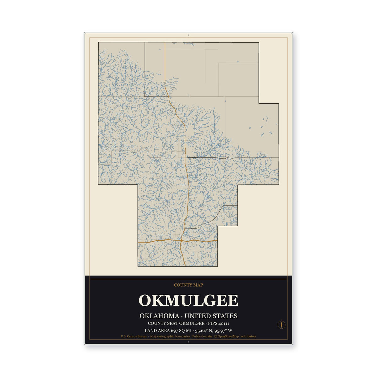 Okmulgee County, Oklahoma Map Aluminum Sign in Museum Plaque style