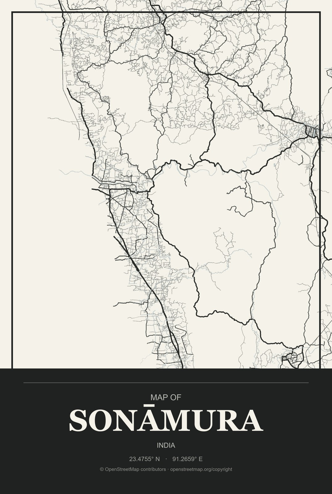 Sonāmura, India City Map Aluminum Sign in Museum Plaque style