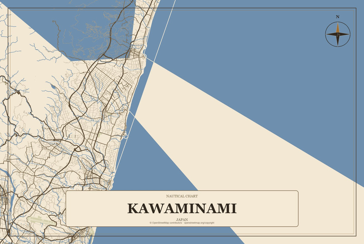 Kawaminami, Japan City Map Aluminum Sign in Heritage Nautical style