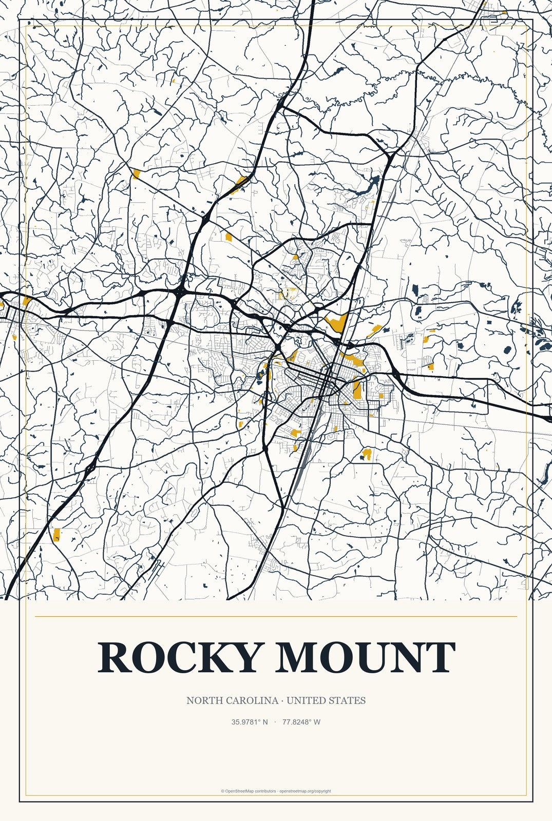 Rocky Mount, North Carolina City Map Aluminum Sign in Citrine Modern style