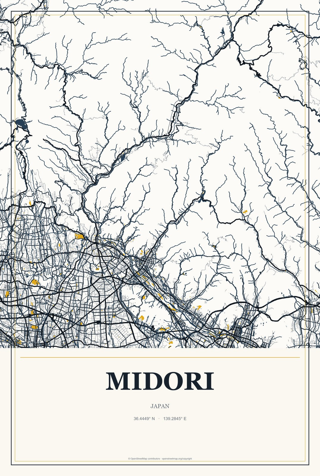 Midori, Japan City Map Aluminum Sign in Citrine Modern style