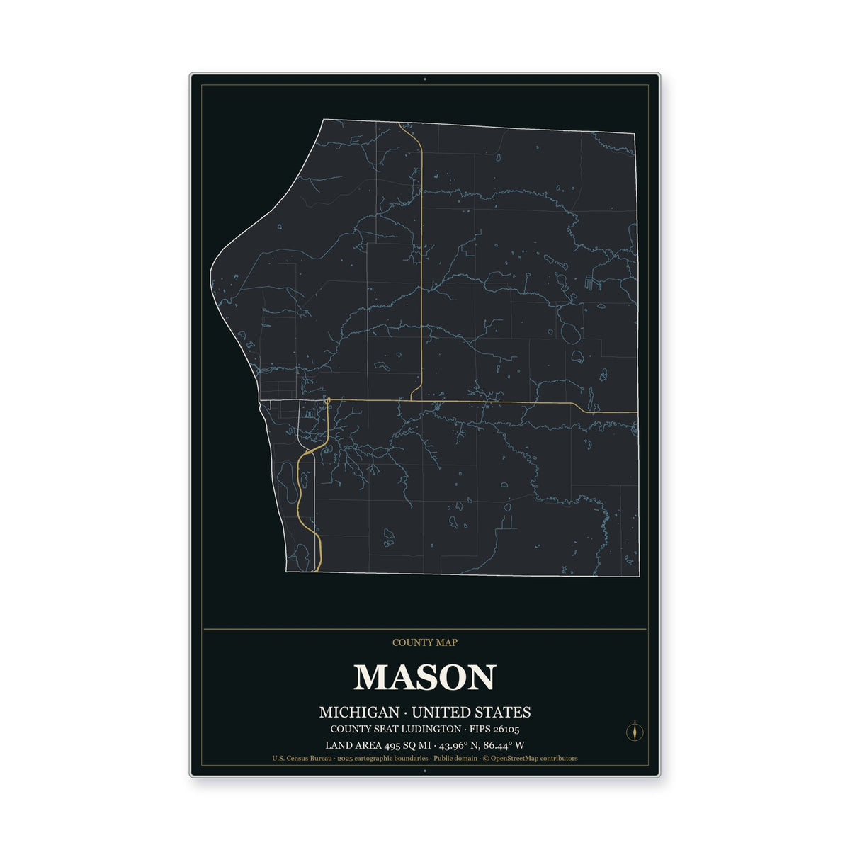 Mason County, Michigan Map Aluminum Sign in Metropolitan Noir style