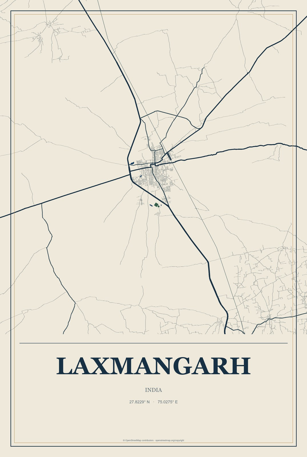 Laxmangarh, India City Map Aluminum Sign in Coastal Cutout style