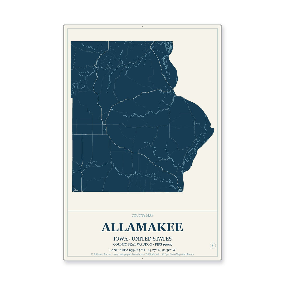 Allamakee County, Iowa Map Aluminum Sign in Coastal Cutout style