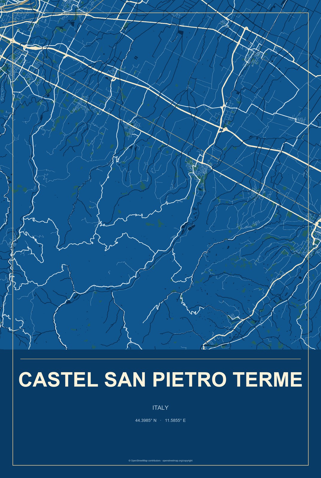 Castel San Pietro Terme, Italy City Map Aluminum Sign in Harbor Cobalt style