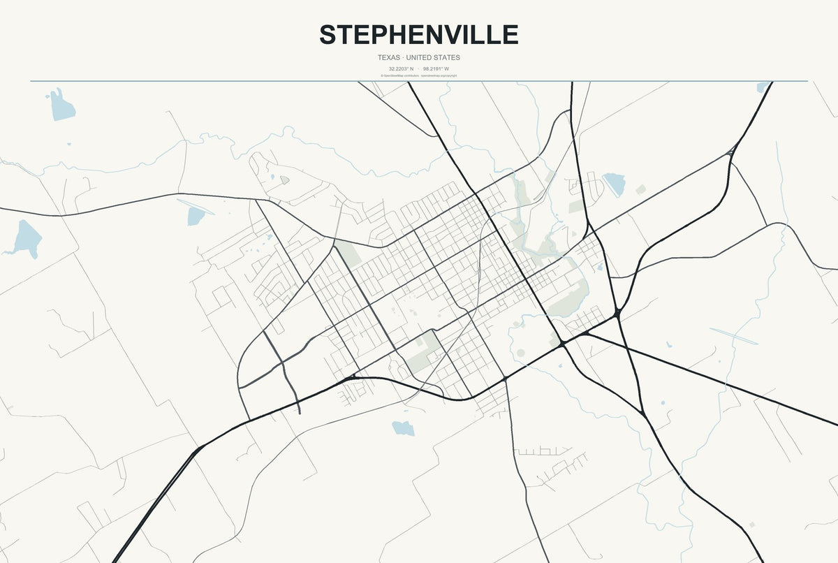 Stephenville, Texas City Map Aluminum Sign in Headline Atlas style