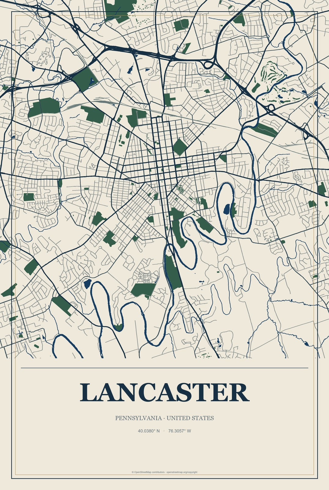 Lancaster, Pennsylvania City Map Aluminum Sign in Coastal Cutout style