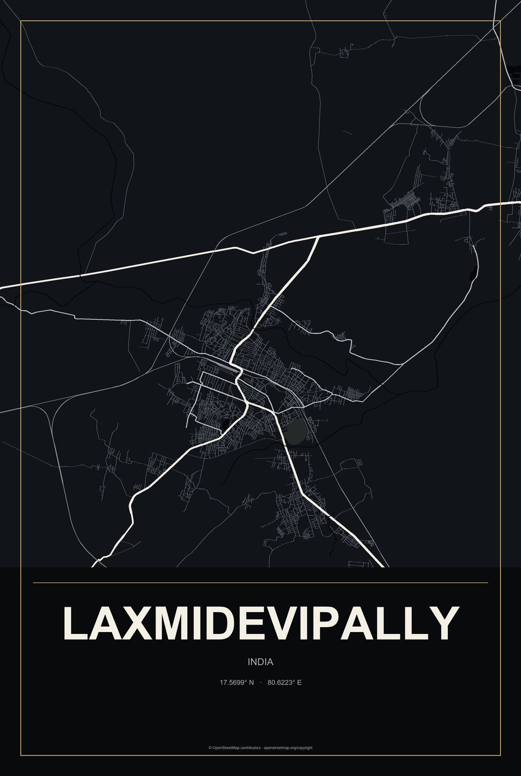 Laxmidevipally, India City Map Aluminum Sign in Metropolitan Noir style