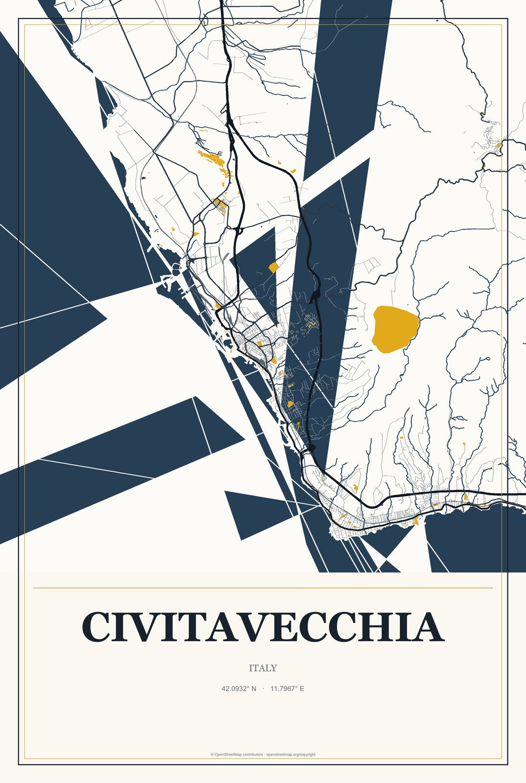 Civitavecchia, Italy City Map Aluminum Sign in Citrine Modern style