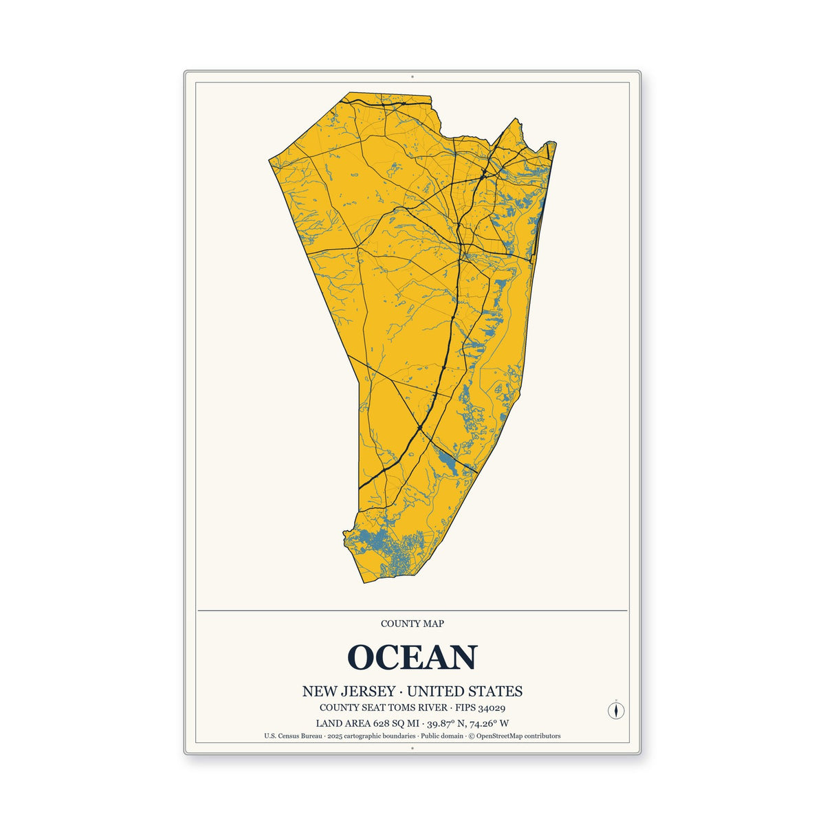 Ocean County, New Jersey Map Aluminum Sign in Citrine Modern style