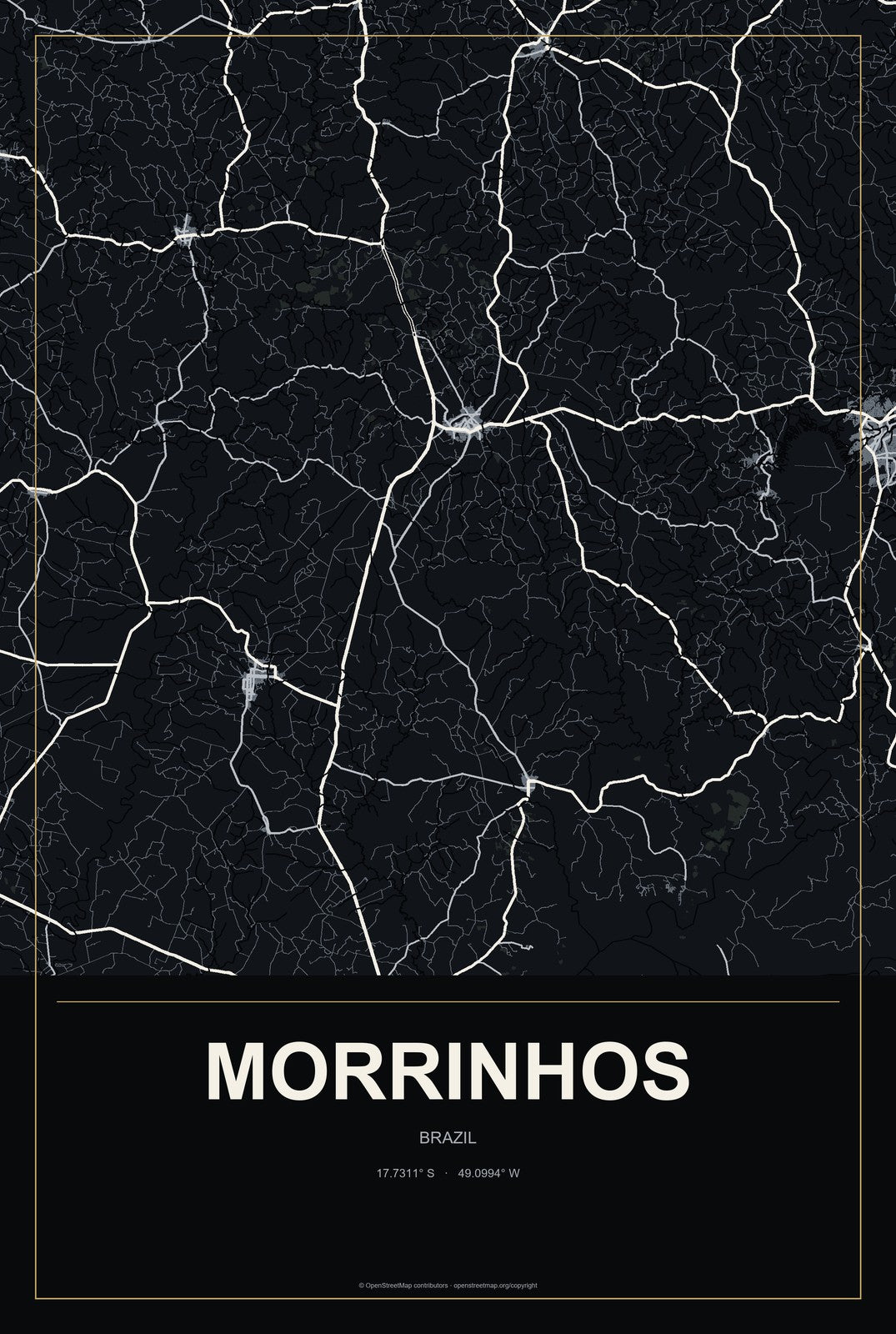 Morrinhos, Goiás, Brazil City Map Aluminum Sign in Metropolitan Noir style