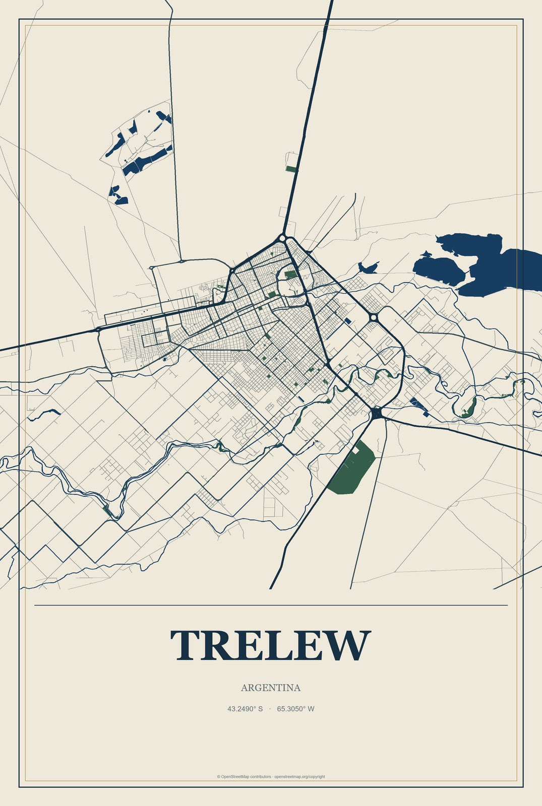 Trelew, Argentina City Map Aluminum Sign in Coastal Cutout style