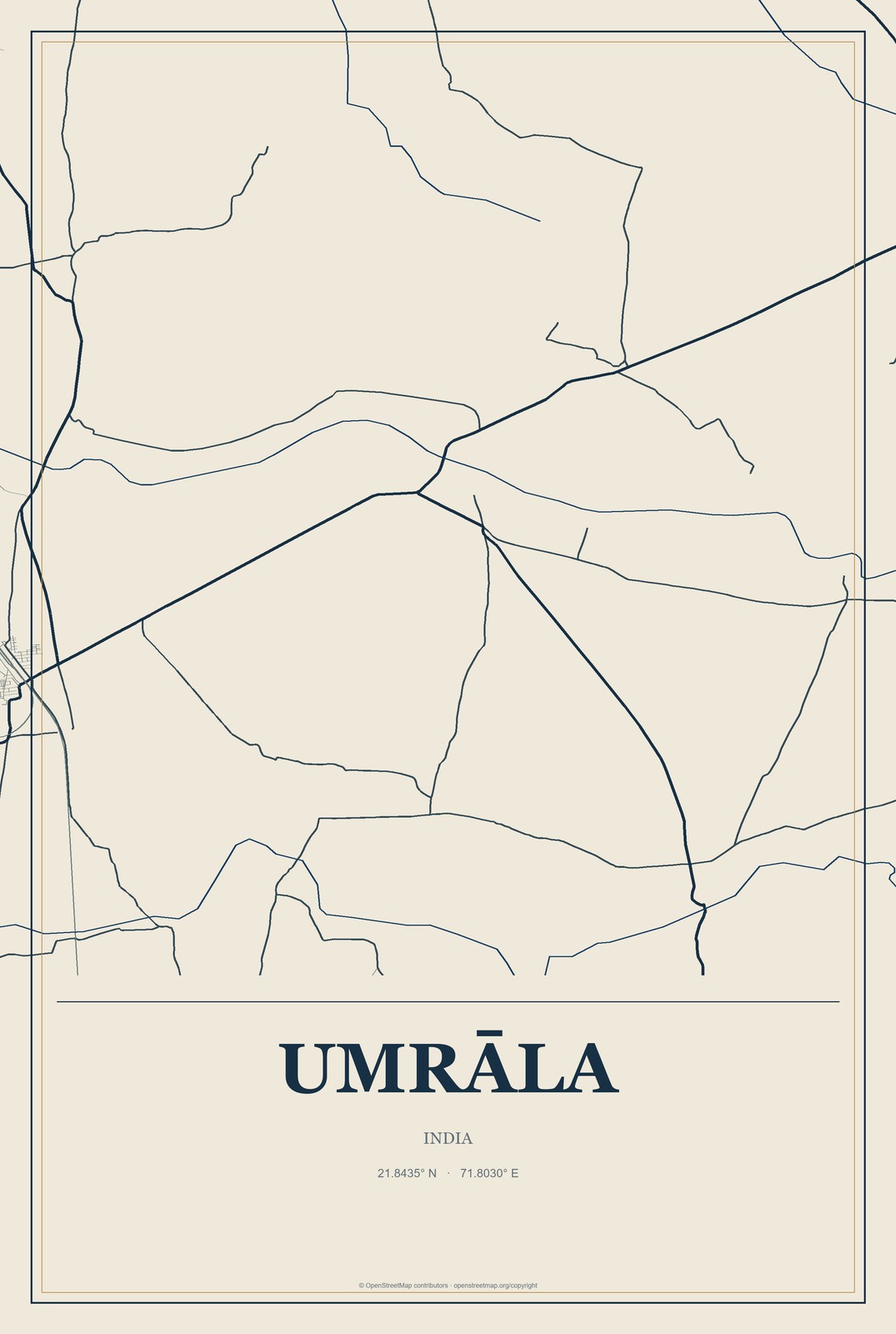 Umrāla, India City Map Aluminum Sign in Coastal Cutout style