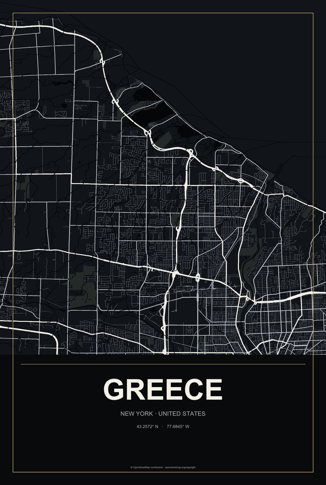 Greece, New York City Map Aluminum Sign in Metropolitan Noir style