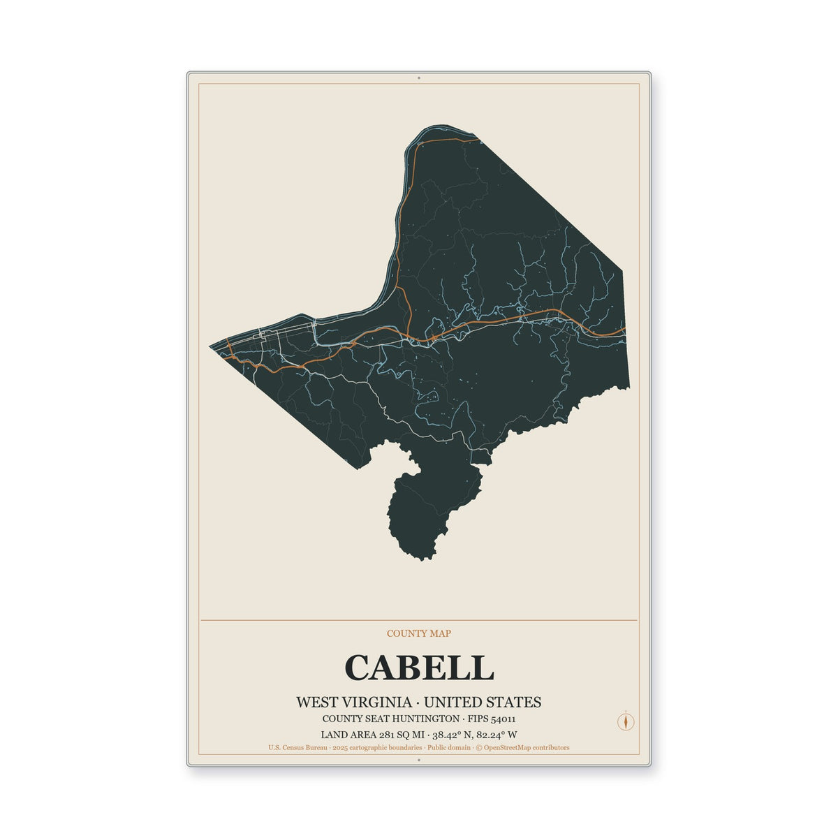 Cabell County, West Virginia Map Aluminum Sign in Headline Atlas style