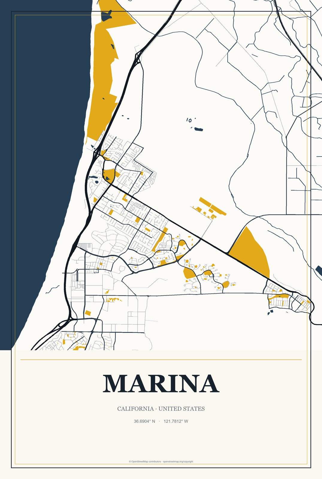 Marina, California City Map Aluminum Sign in Citrine Modern style