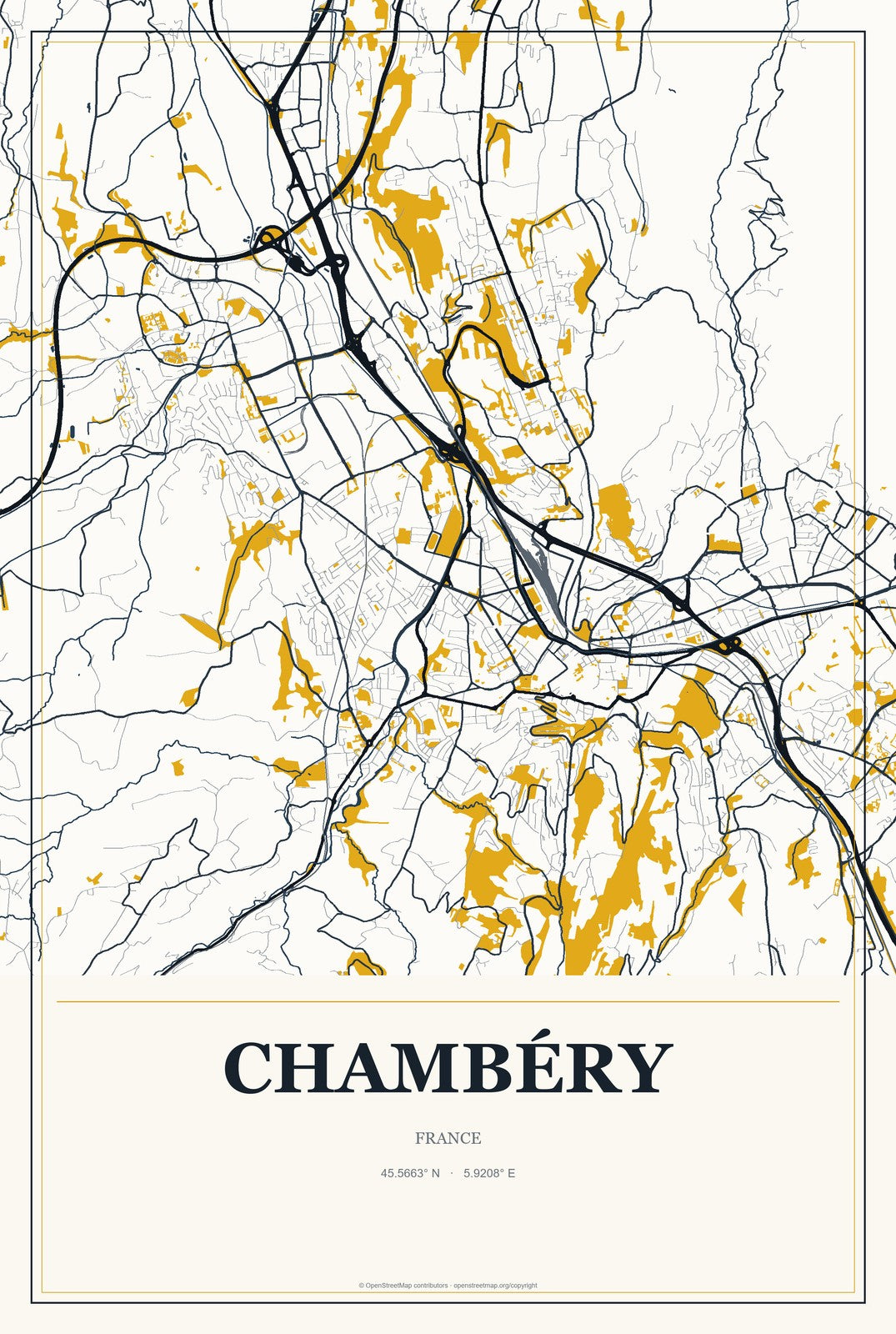 Chambéry, France City Map Aluminum Sign in Citrine Modern style