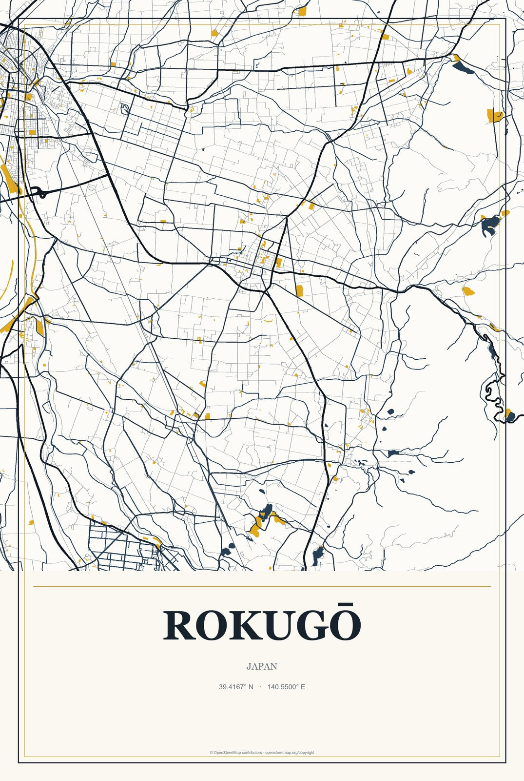 Rokugō, Japan City Map Aluminum Sign in Citrine Modern style