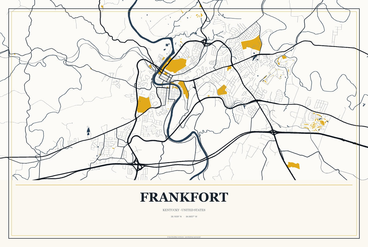 Frankfort, Kentucky City Map Aluminum Sign in Citrine Modern style