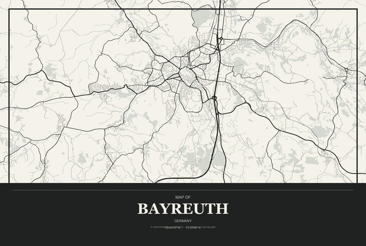 Bayreuth, Germany City Map Aluminum Sign in Museum Plaque style