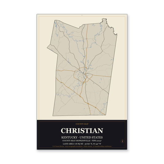 Christian County, Kentucky Map Aluminum Sign in Museum Plaque style